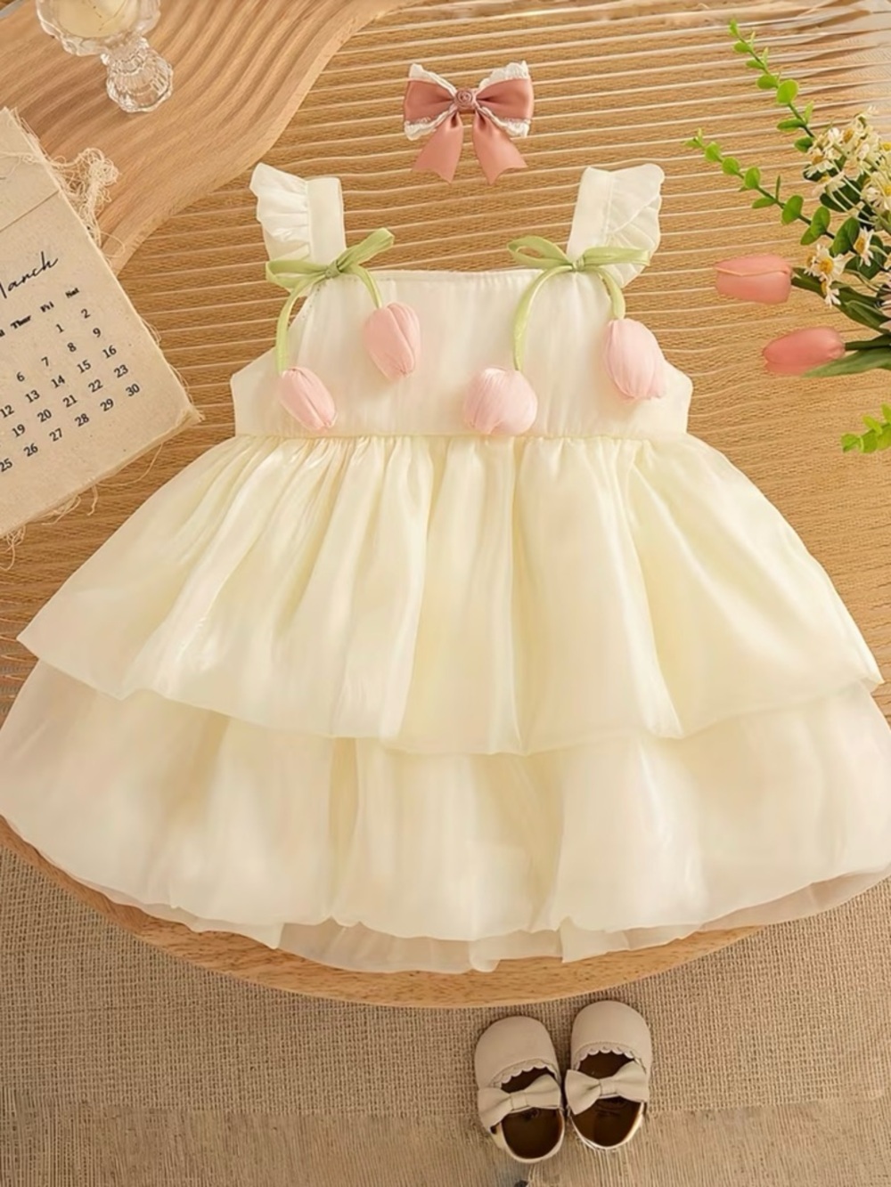 Cream Ruffled Tulip Dress with Pink Flower Accents